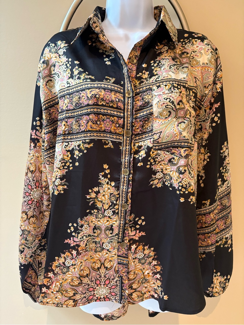 Pol Oversized Silky Paisley Button-Up Shirt Black with Gold & Pink Print Small